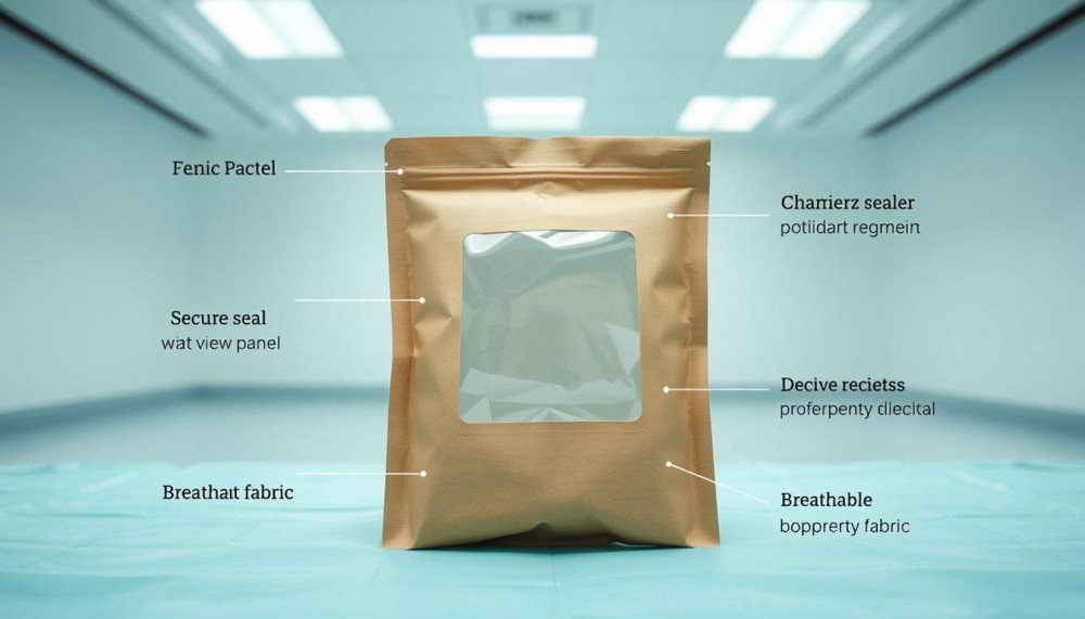 A crisp, well-designed kraft paper medical sterilization packet with clear view panel, displaying its key characteristics - durable construction, secure seal, chemical and heat resistant materials, and breathable fabric. The packet is shown in a clean, bright, and sterile environment, lit from above to highlight its practical features and quality craftsmanship. The composition emphasizes the packet's functionality and attention to detail, conveying a sense of reliability and professionalism essential for medical equipment.