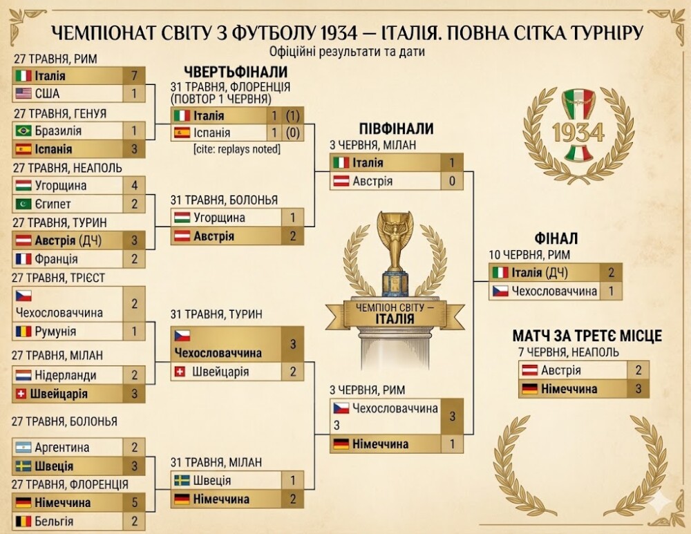 Чемпіонат світу з футболу 1934, Італія – повна сітка турніру