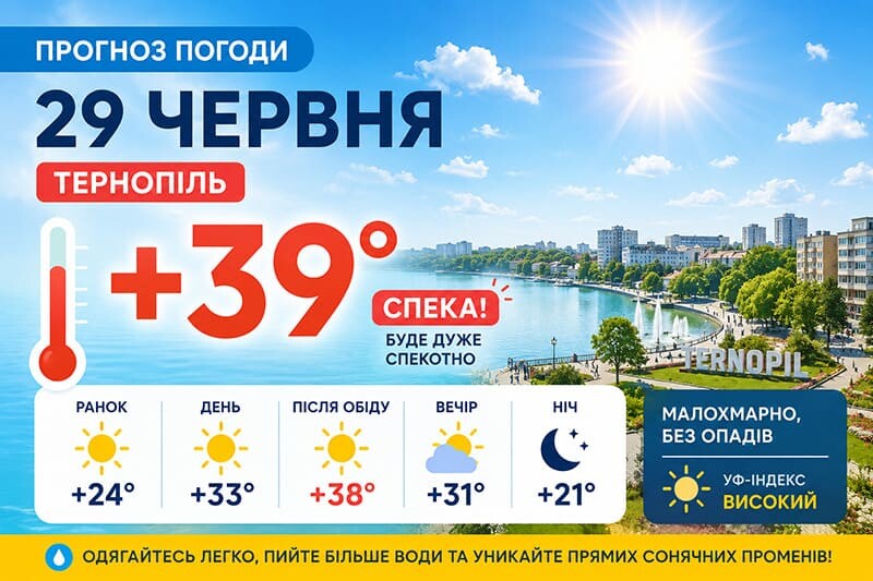 До 39° тепла: прогноз погоди у Тернополі на 29 червня